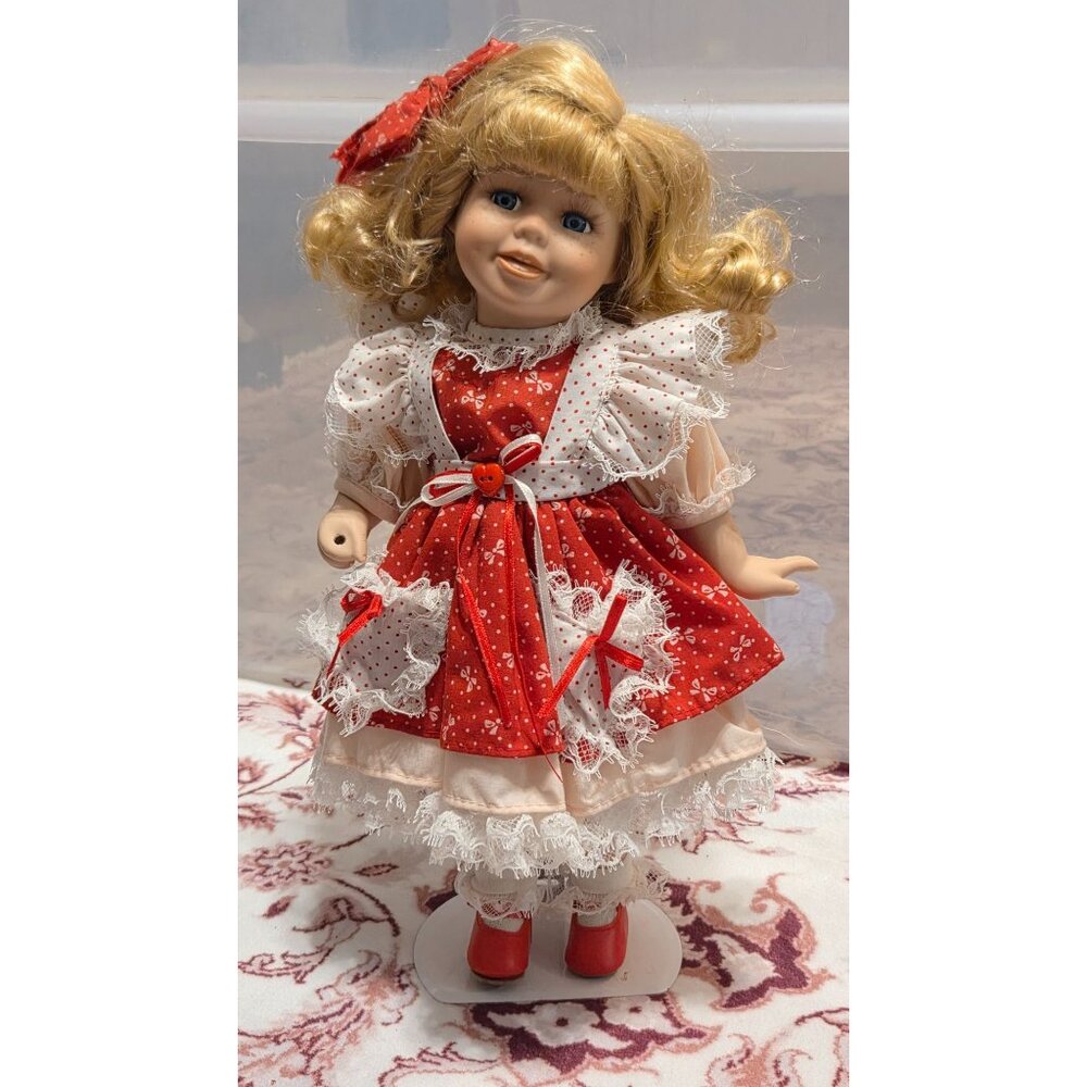 Blonde Ladybug Porcelain Doll Cute Girl Doll Red Pink Lace Dress With Red Bows